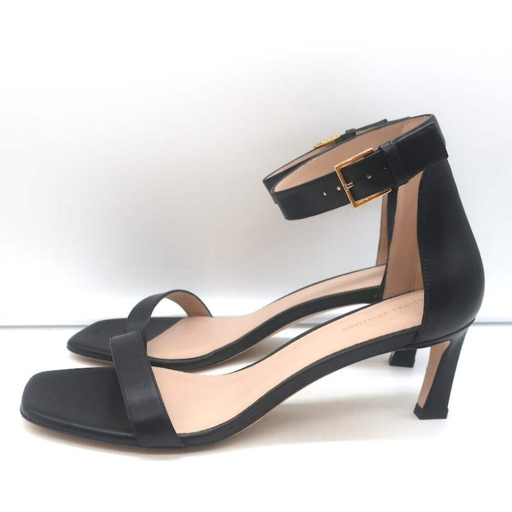 Stuart Weitzman Square Nudist Sandals Black Leather Size 9 Ankle Strap Heels NEW - Picture 5 of 10